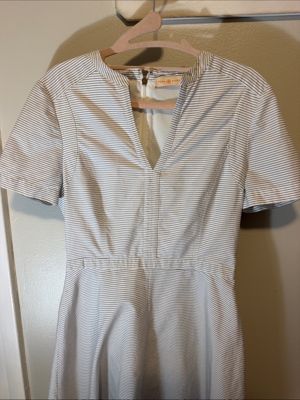 Tory Burch White and Black Striped Fit-and-Flare Dress